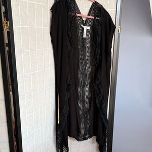 BCBG Black Crochet-Trim Open Front Kimono